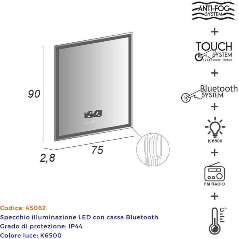 Specchio mezzaluna LED retroilluminato accensione touch con casse Bluetooth  98X109