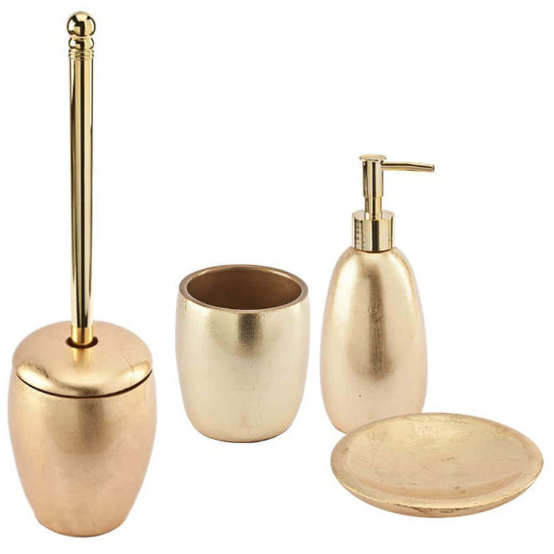 Set accessori bagno da appoggio 4 pezzi Dispenser Bicchiere Porta sapone e  Scopino finitura foglia oro