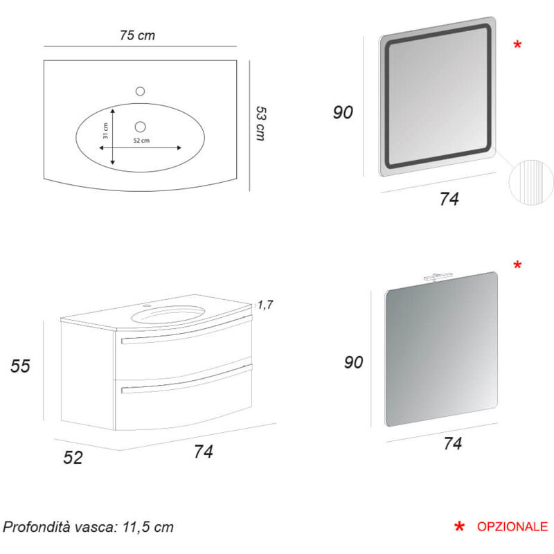 Mobile bagno bianco lucido sospeso 75 cm curvo con colonna 170 cm specchio  e lavabo in ceramica Mod. Berlino, Arcshop