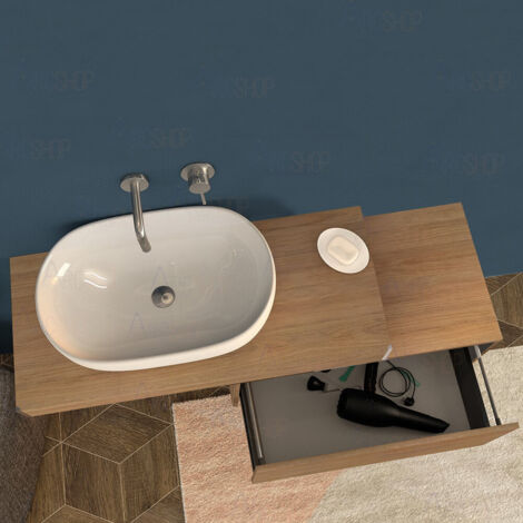 Mensolone bagno 90 cm Rovere tabacco con cassetto 75 cm specchio e lampada  kit di fissaggio