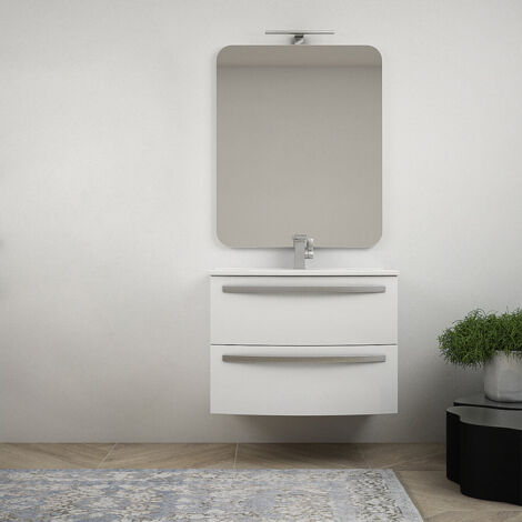 Mobile bagno sospeso curvo 75 cm bianco lucido in lavabo ceramica colonna  140 cm e specchio LED Mod. Berlino
