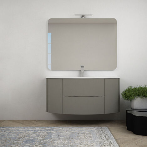 Mobile bagno grigio talpa sospeso 120 cm con specchiera cassettoni soft close lampada LED e colonna