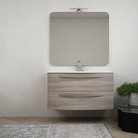 Mobile bagno 100 cm moderno sospeso curvo Larice modello Berlino con specchio led e colonna da 170 cm (1/5)