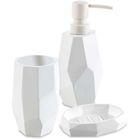 BM Set Accessori Bagno 4 Pezzi in Ceramica con Motivo in Rilievo – Dispenser Sapone, Bicchiere, Porta Sapone, Scopino WC in Acciaio Inox – Design Elegante Blu Grigio
