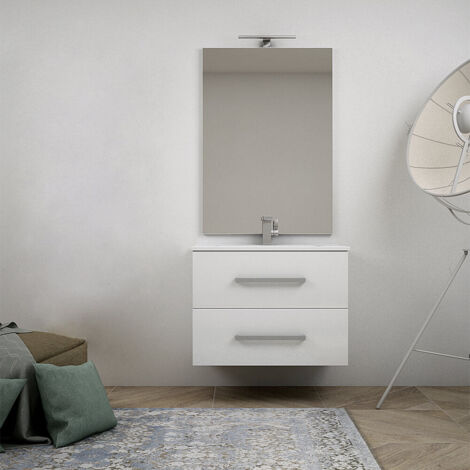 Baden Haus - Mobile bagno Bianco lucido sospesa moderna 75 cm con cassettoni Soft Close e Colonna - Bianco lucido