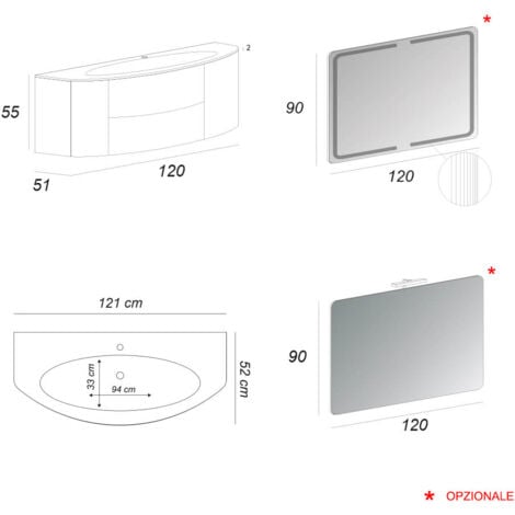 Mobile bagno sospeso bianco frassino 120 cm con specchio LED cassettoni  soft close e colonna grande, Arcshop