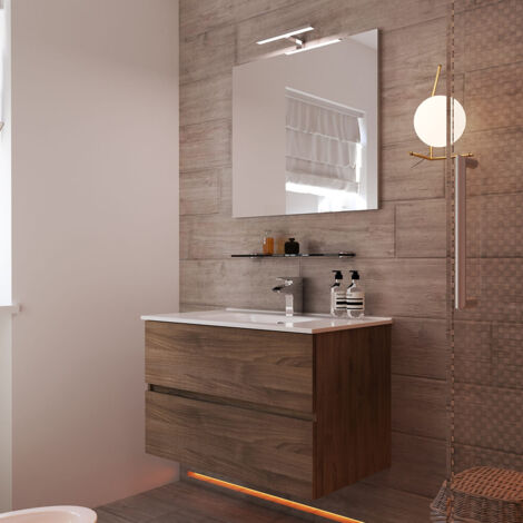 Mobile bagno sospeso Noce 90 cm doppio cassetto con specchio filo lucido e colonna da 162 cm