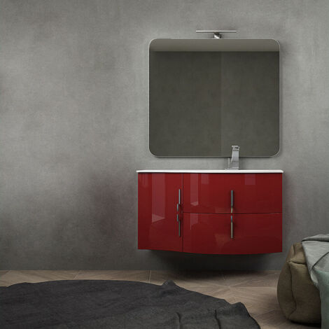 Mobile bagno sospeso rosso lucido 105 cm con specchio filo lucido, colonna da 140 cm e lavabo a sinistra (1/5)