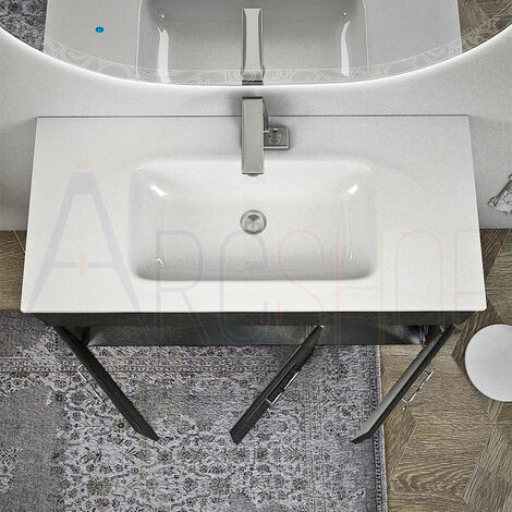 Mobile bagno nero lucido sospeso 100 cm lavorazione a rilievo con specchio  retroilluminato LED intarsiato ovale