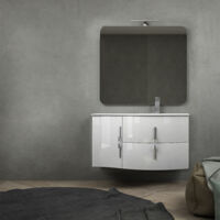 Mobile da bagno sospeso 105 cm Bianco lucido con colonna da 170 cm e lavabo a destra