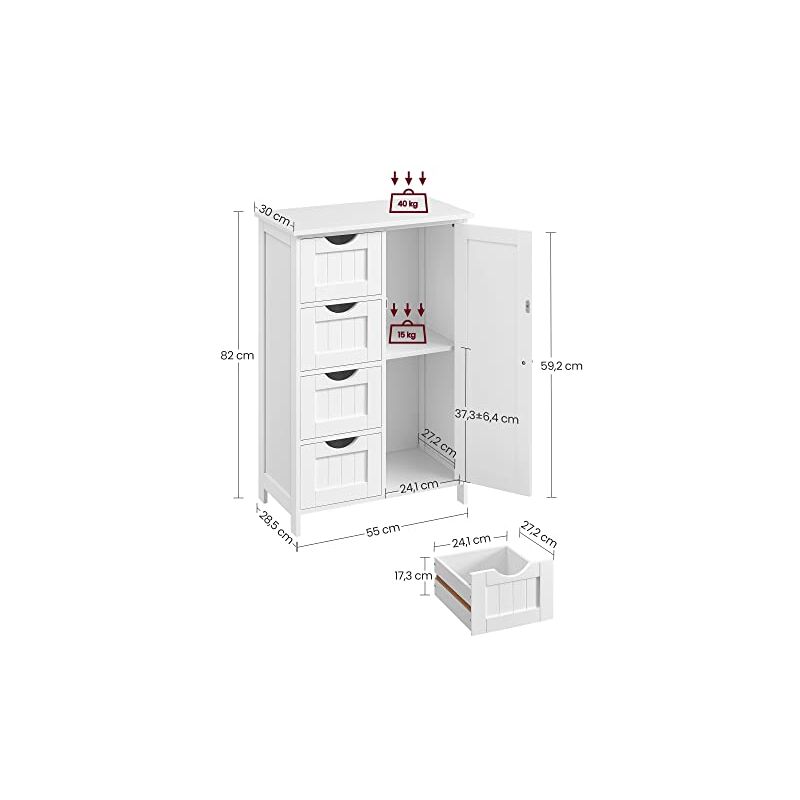 SUPER DEAL Armadietto Da Bagno Bianco 4 Cassetti + Anta - Mobile Autoportante In MDF Impermeabile 50x28x82cm, Ripiani Regolabili Per Soggiorno O Ingresso