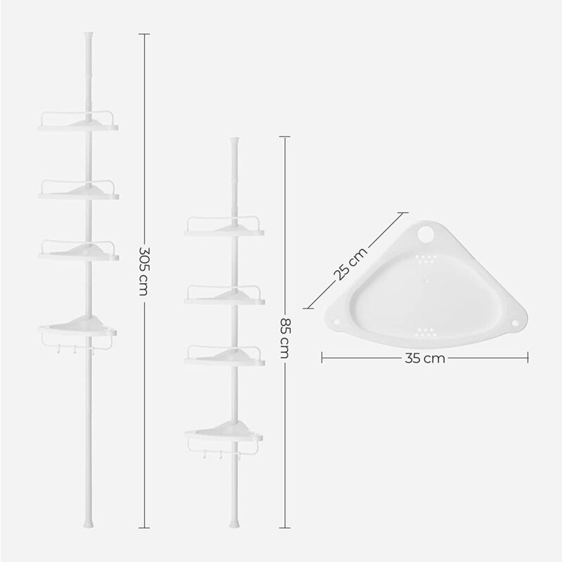 SONGMICS Mensola Doccia Telescopica e Regolabile, Scaffale Angolare Bagno,  Altezza Totale 95-300 cm, Acciaio Inossidabile, 4 Ripiani, 3 Ganci, 1