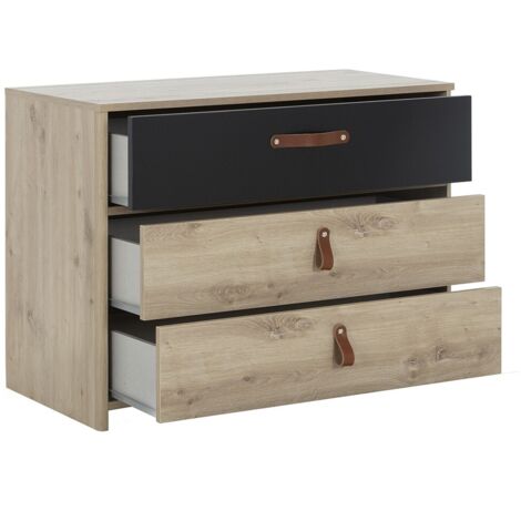 Cassettiera PHOENIX 3 Cassetti Design Legno E Nero, 84x40x72,5 Cm, In Truciolato Melaminico, Gambe Sottili, Stile Moderno