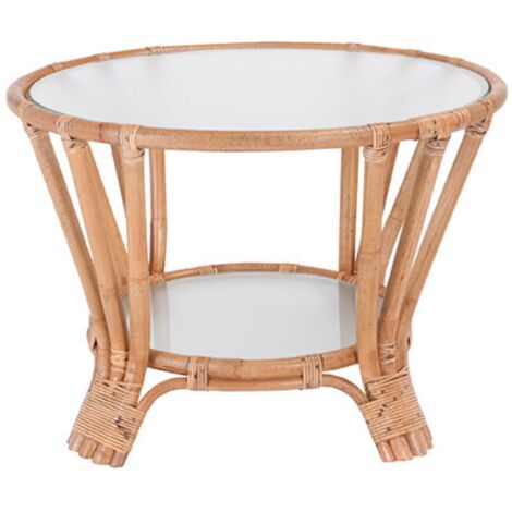 Tavolino Da Caffè Rotondo In Rattan E Vetro – 4 Gambe In Legno Massello – Diametro 86 X 45 Cm – Colore Oro – Per Soggiorno E Camera Da Letto - 3