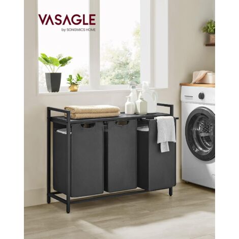 VASAGLE Cesto Portabiancheria, Porta Biancheria, 3 Sacchi in Tessuto Oxford Estraibili e Rimovibili, Piano d’Appoggio, Struttura Metallo, 3 x 38L, 92,5 x 33 x 72 cm, Nero e Grigio