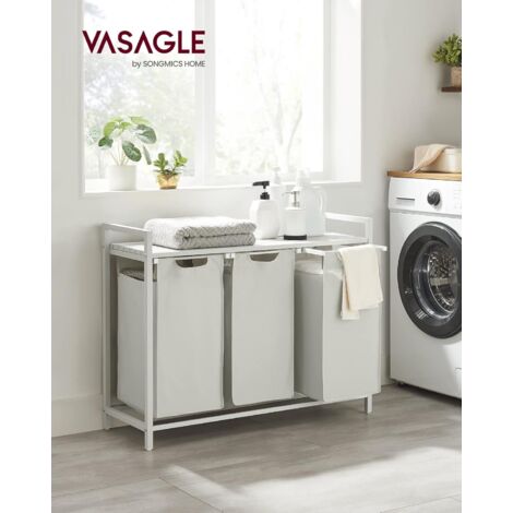 VASAGLE Cesto Portabiancheria, Porta Biancheria, 3 Sacchi in Tessuto Oxford Estraibili e Rimovibili, Piano d’Appoggio, Struttura Metallo, 3 x 38L, 92,5 x 33 x 72 cm, Bianco
