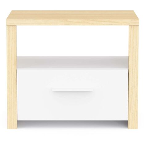 Comodino Per Bambini JACOB – 1 Cassetto + Nicchia, Bianco E Legno, Stile Scandinavo, Dimensioni Compatrie 40x34x49,5 Cm