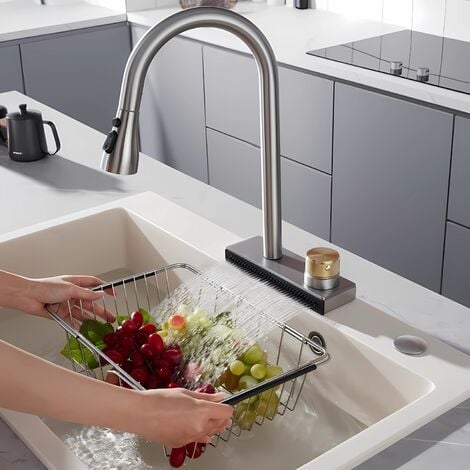 Küchenarmatur mit Handbrause Wasserhahn Küche Weiß Mischbatterie Küche für  Spüle Spültischarmatur mit variabler Durchflussmenge Oberer Schwenkarm