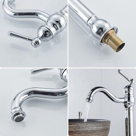 Hoch Wasserhahn Bad Chrom Retro Waschtischarmatur 360° Schwenkbar Messing Waschbeckenarmatur für Badezimmer