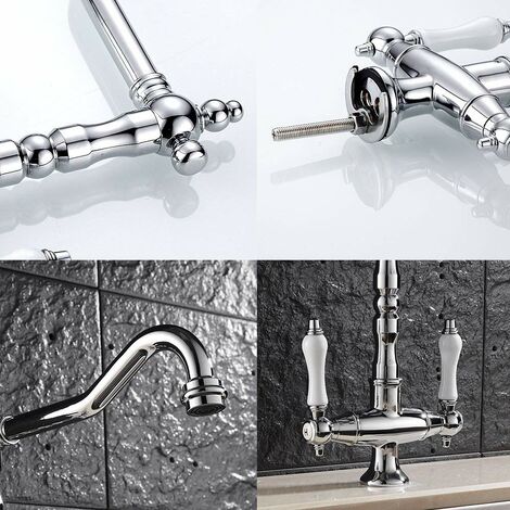 Retro Küchenarmatur Messing Spültischarmatur für Küche 360°Schwenkbar mit 2 Keramisches Griffe Chrom