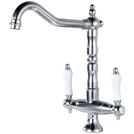 Retro Küchenarmatur Messing Spültischarmatur für Küche 360°Schwenkbar mit 2 Keramisches Griffe Chrom