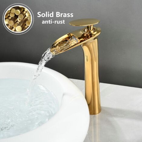 HAMOLER Waschtischarmatur In Gebürstetem Gold – Wasserfall-Auslauf, 2 Griffe, Inkl. Pop-Up Ablauf Für 10,2 Cm Bohrung