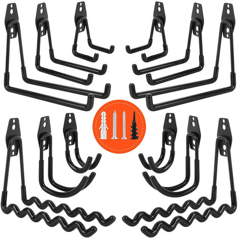 12 Stück Wandhaken Garage mit Anti-Rutsch-Beschichtung Doppelhaken zur  Organisation für Leiter Fahrrädern Elektrowerkzeugen Schwarz