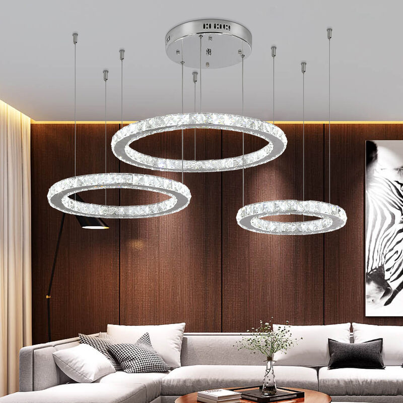 Oninio Lustre en Cristal Moderne Luminaire Suspension Dimmable avec  Télécommande 3 Anneaux LED Hauteur Réglable Suspension pour Salon, Salle à  Manger