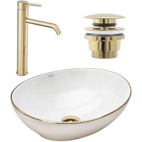 SET LAVABO SOBRE ENCIMERA SOFIA GOLD EDGE + GRIFO DE BAÑO LUNGO GOLD + TAPÓN GOLD