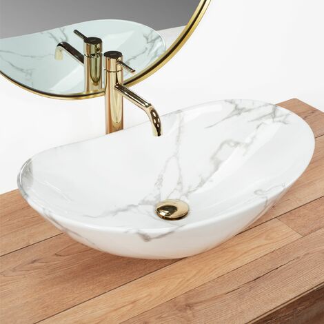 Lavabo Sobre Encimera Rea Mandala – Blanco Azul, Cerámica Sanitaria, 40x40x14 Cm