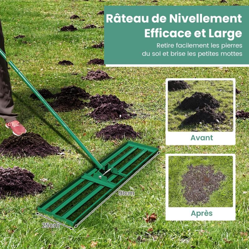 Râteau Aérateur De Gazon COSTWAY - Largeur 50 Cm, Manche Long 178 Cm, 19 Dents Incurvées - En Aluminium Léger Et Antirouille