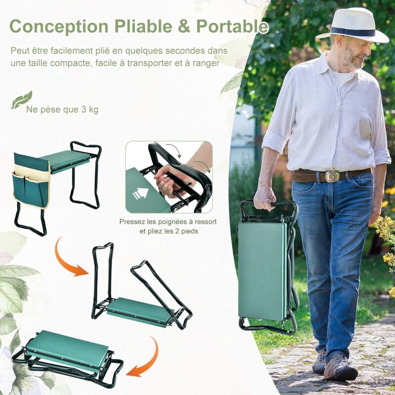 RELAX4LIFE Tabouret De Jardinage Pliable 2en1 Agenouilloir Avec Sacs à Outils - Vert