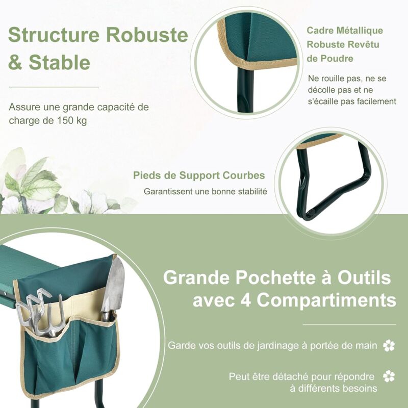 Tabouret De Jardinage Pliable RELAX4LIFE - Agenouilloir 2 En 1 Avec Sacs à Outils, Coussin EVA, Charge 150kg, Vert