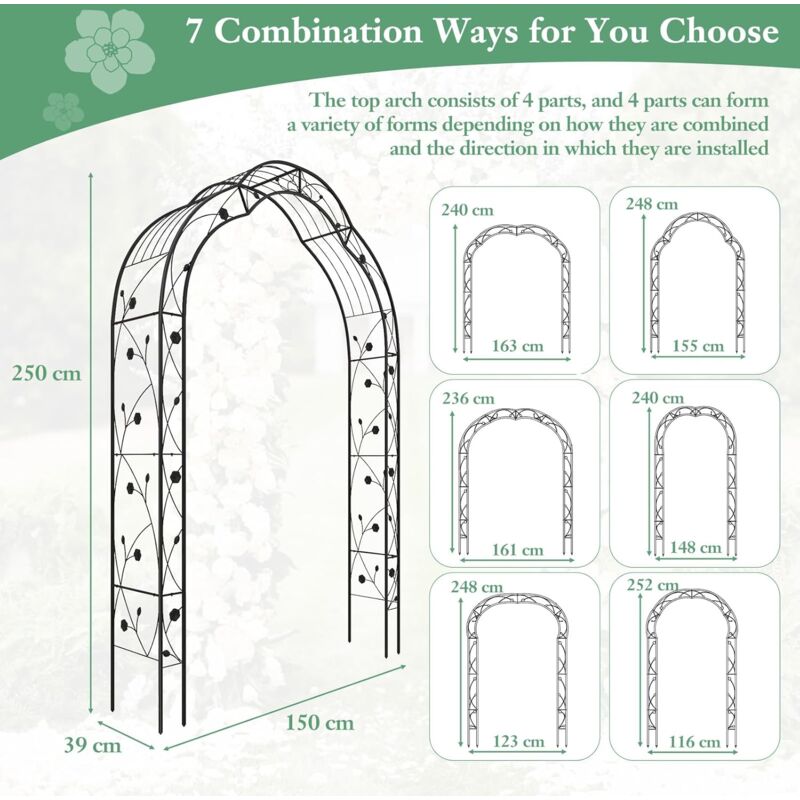 RELAX4LIFE Arche De Jardin 2,5M Avec Treillis - 7 Combinaisons, Pergola Métal Pour Plantes Grimpantes Et Décoration Extérieure