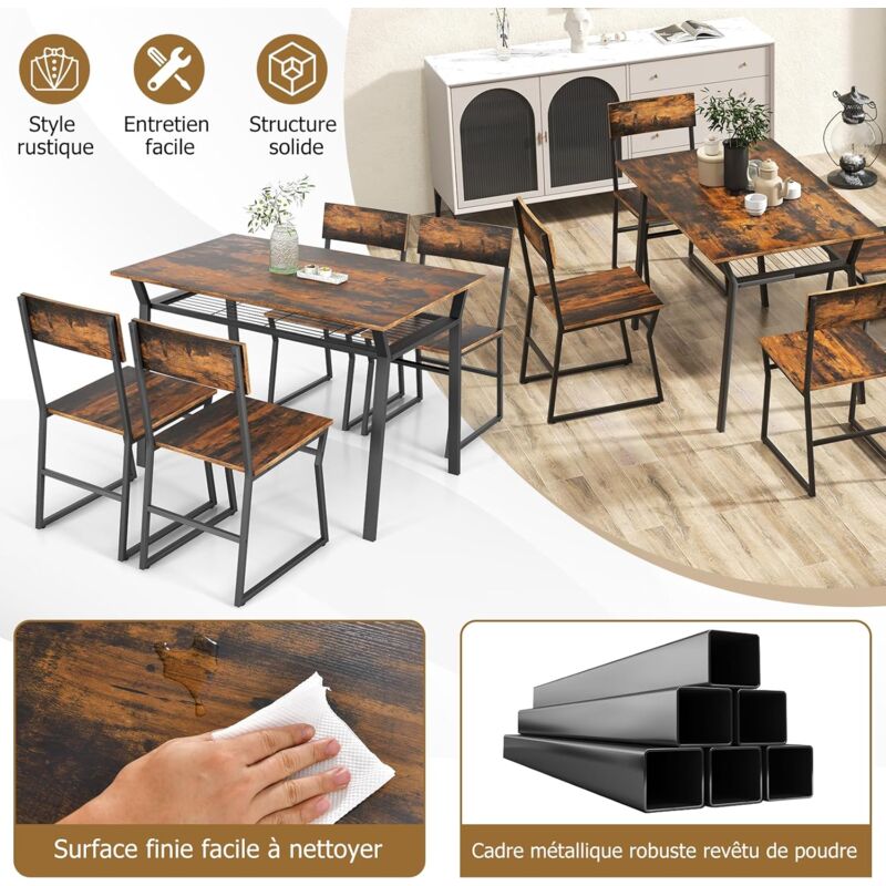RELAX4LIFE Table A Manger Avec 4 Chaises Industrielles, Table Chaise Encastrable Avec Étagère En Filet, Cadre En Métal, Ensemble Table Et 4 Chaises