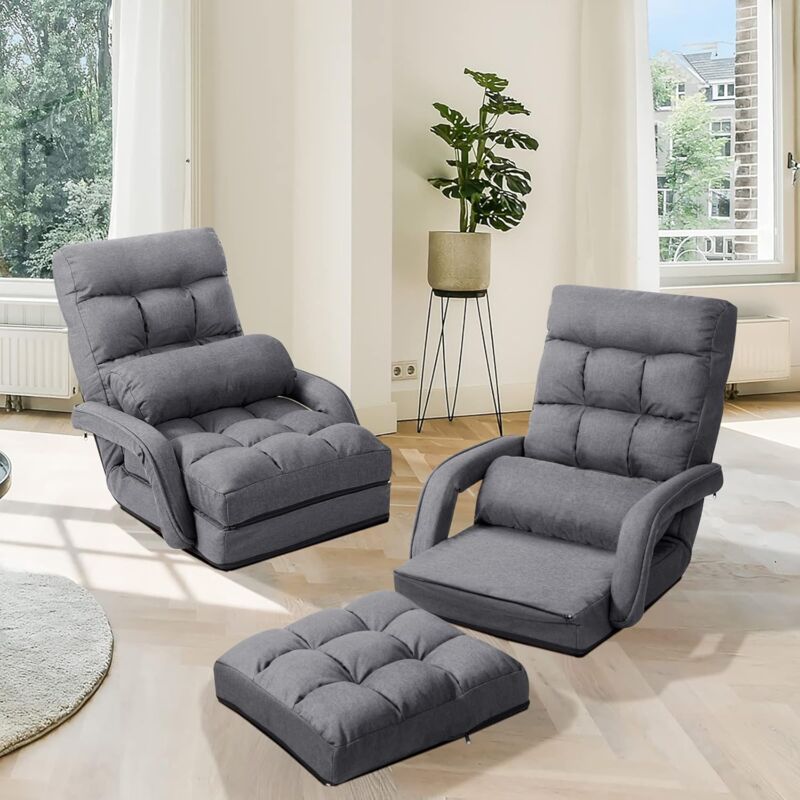 Fauteuil Convertible RELAX4LIFE – Dossier Réglable 5 Positions (90° à 180°), Pliable, Avec Oreiller, Gris/rouge/bleu Fauteuil Salon Bureau