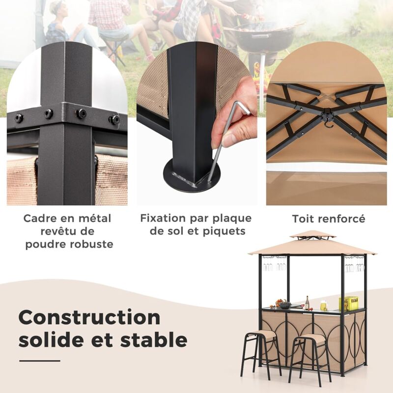 Tonnelle Barbecue Extérieur Avec Comptoir En Verre Et 2 Tabourets - Auvent Ventilé, étagères Et Rangements Pratiques