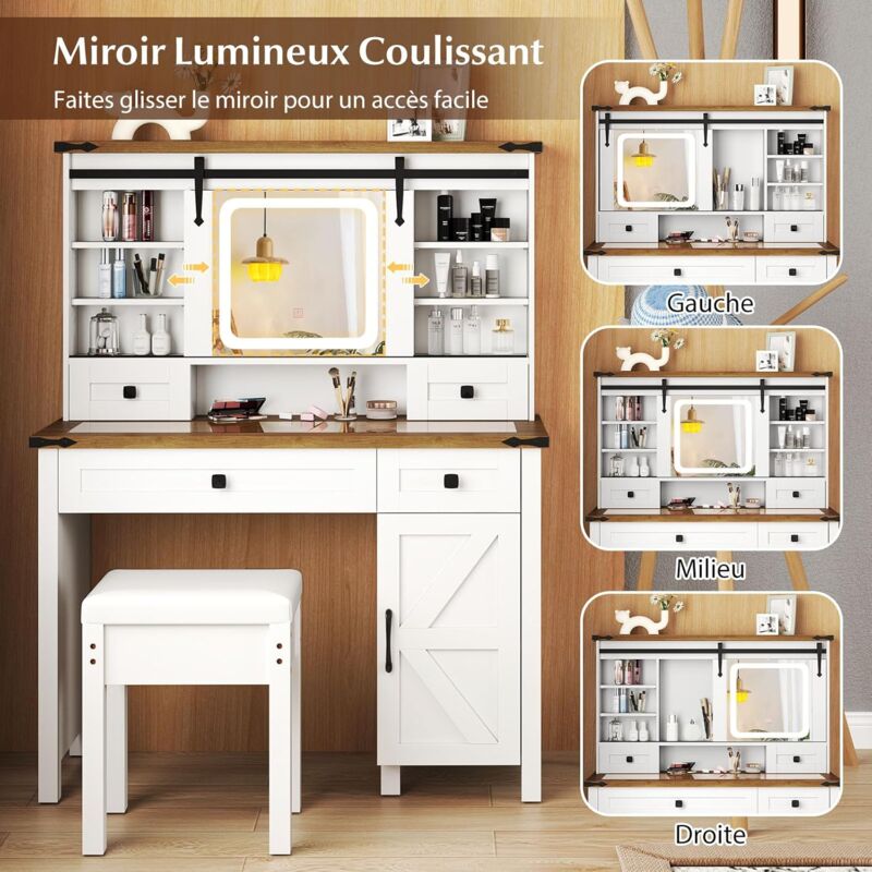 RELAX4LIFE Coiffeuse 2 en 1 avec Tabouret, Miroir Rotatif à 360° et LED Réglables, Table de