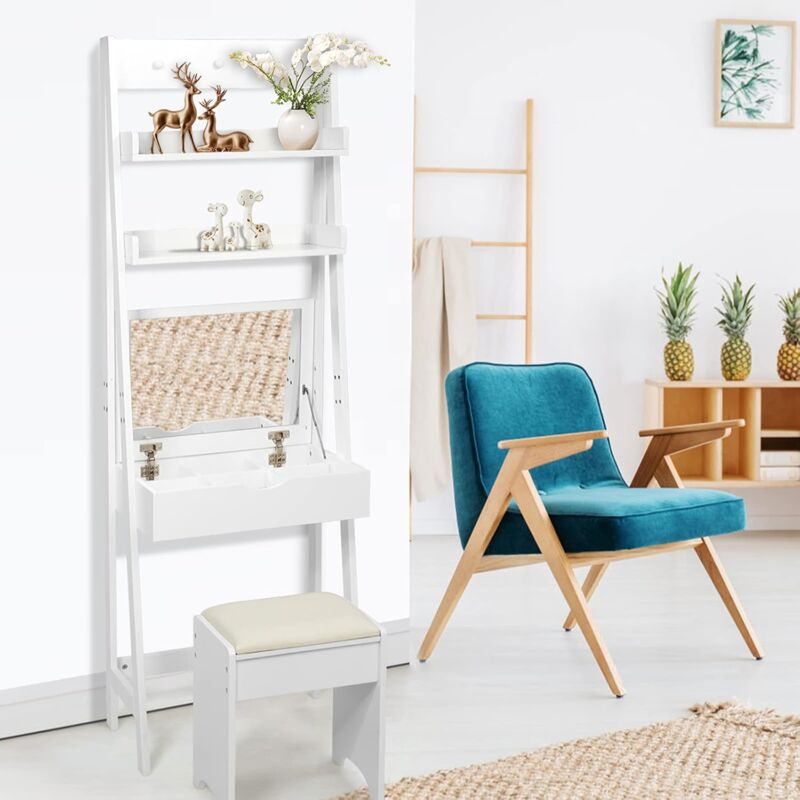 RELAX4LIFE Coiffeuse 2 en 1 avec Tabouret Rembourré, Miroir Rotatif à