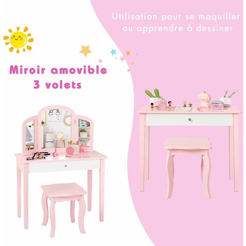 Ensemble Coiffeuse et Tabouret pour Enfants Miroir à 3 Volets