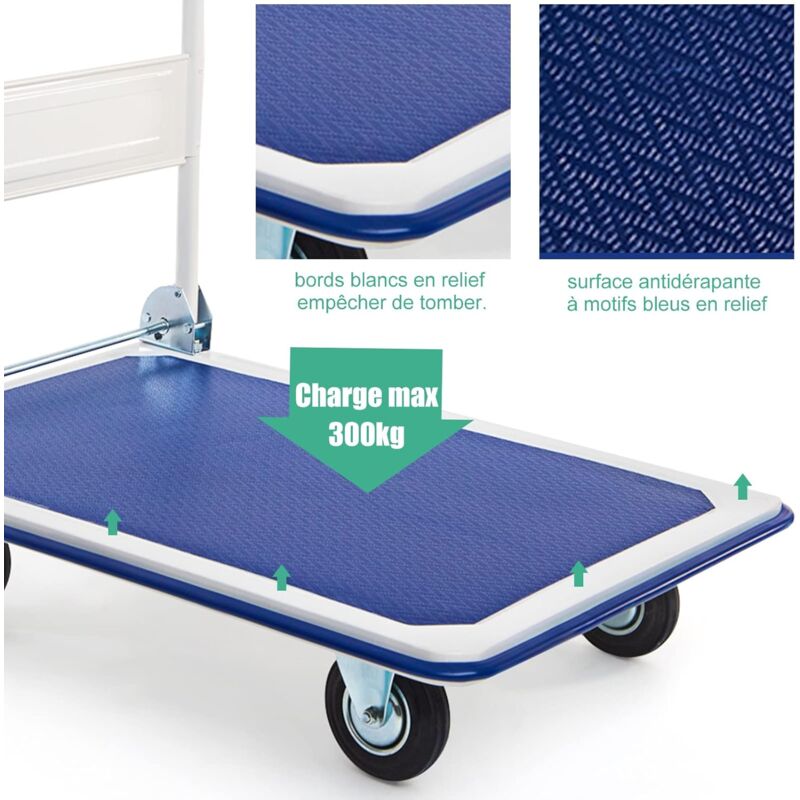 Chariot De Manutention Pliable à 4 Roues - Charge Max 300 Kg, Plateau Antidérapant - Pour Garage, Bureau, Déménagement - 9