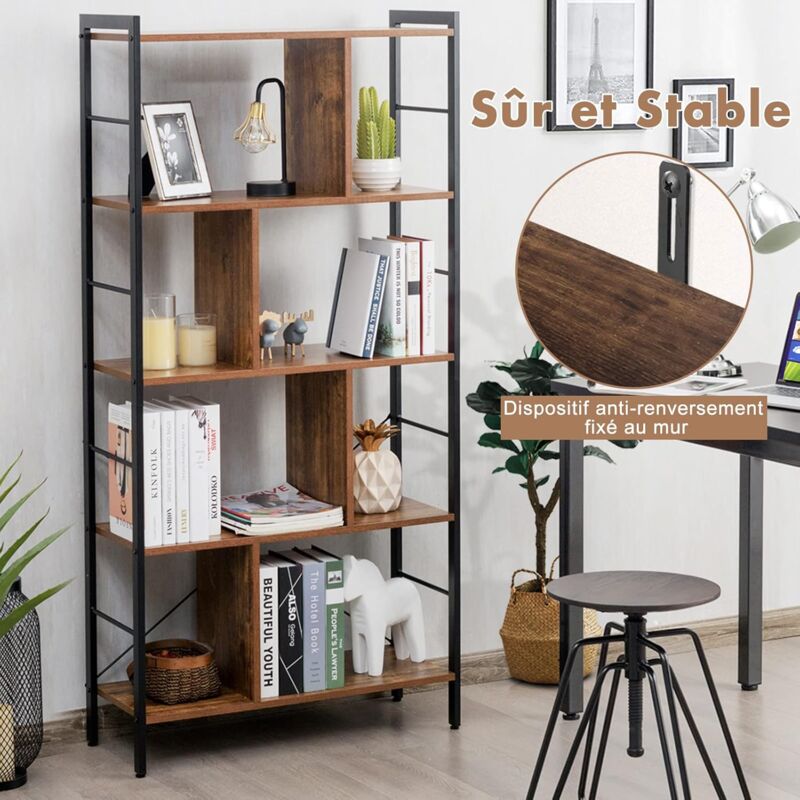 Bibliothèque Sur Pied 6 Niveaux Industrielle – 205 Cm Haut, Cadre Métal, Tablettes Bois – Pour Salon, Bureau, Chambre