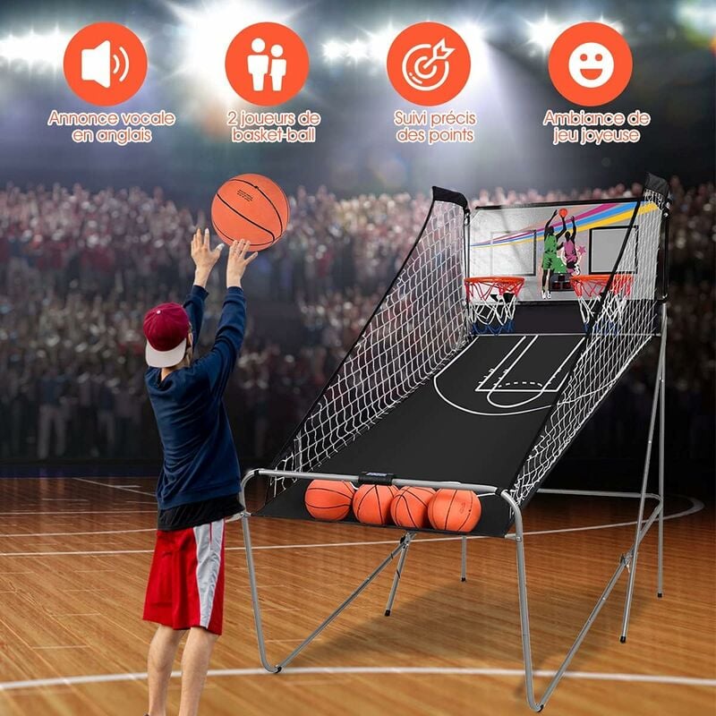 RELAX4LIFE Panier de Basketball Pliable Électronique avec 1 Panneau d'Affichage,  2 Paniers, 4 Basket-Balls, 8 Modes de Jeu, Panier Basket Jeux intérieur  Exterieur Assemblage Facile, 202x107x205CM