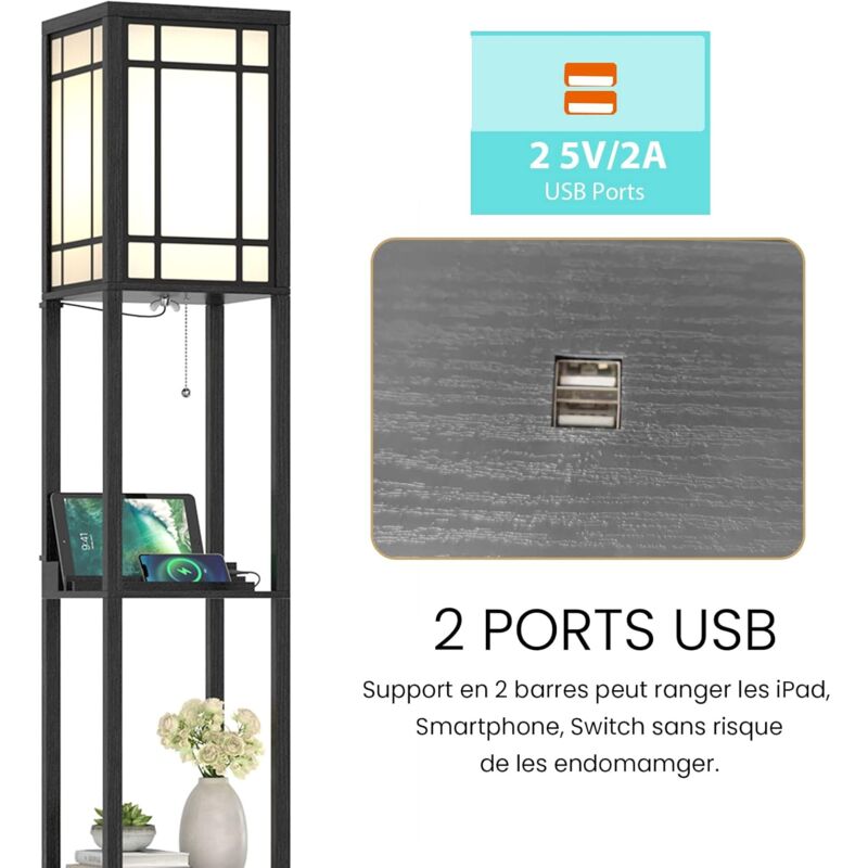 RELAX4LIFE Lampadaire Salon 160 Cm – 3 Étagères, 1 Tiroir, 2 Ports USB, Lumière & Rangement – Style Moderne