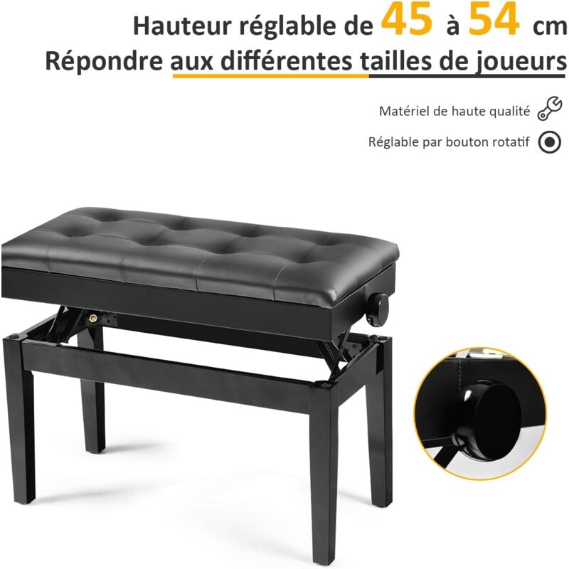 Banc Piano Réglable En Hauteur 48-58 Cm - Rembourré Cuir Synthétique - Pour 2 Personnes - Avec Rangement - 8