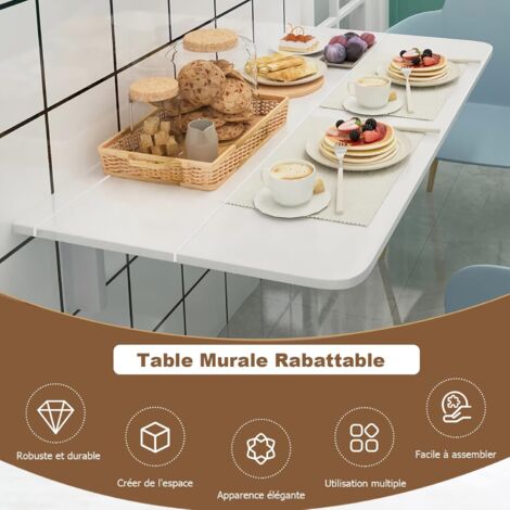 RELAX4LIFE Table Murale Rabattable 80x60cm - Table Pliable Cuisine/Salon Avec Support Triangulaire, Blanc
