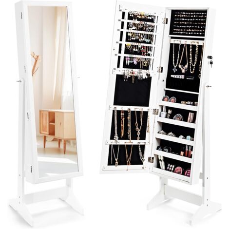 Armoire à Bijoux avec Miroir sur Pieds, Verrouillable, avec 6 LED, Pivotant 360°, 3 Étagères, Surface en Blanc, Doublure en Noir - Maison Armoire à Bijoux avec Miroir sur Pieds, Verrouillable, avec 6 LED, Pivotant 360°, 3 Étagères, Surface en Blanc, Doublure en Noir - Maison