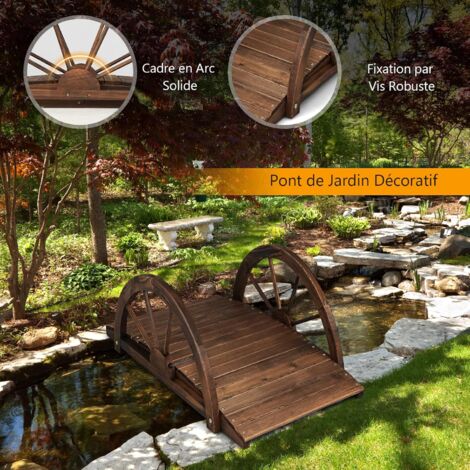 Pont Japonais Pour Jardin En Sapin Carbonisé | Style Zen | Charge 100kg | Résistant Aux Intempéries | 150x67x55cm