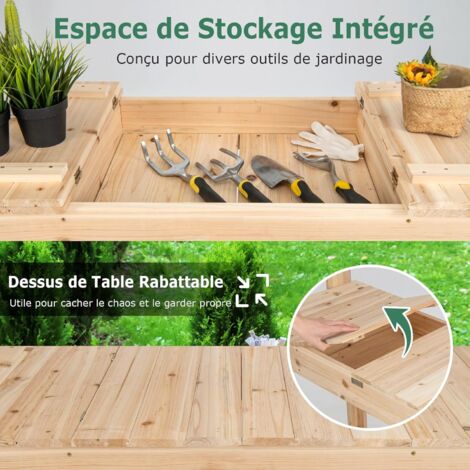 Table de rempotage jardinage multi-équipée - tiroir, 3 étagères, évier, 3  crochets - bois sapin pré-huilé gris