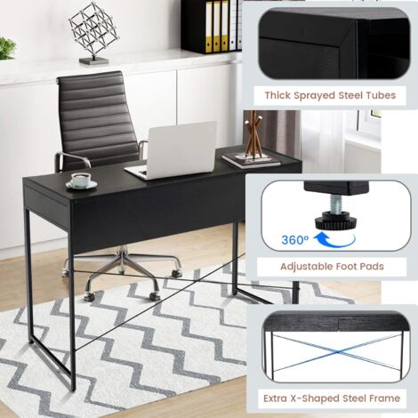 RELAX4LIFE Table Informatique à 2 Tiroirs avec Cadre en Acier Robuste, Bureau Style Industriel Charge Max. 100kg pour Bureau, Salon, 112x48x76cm, Noir